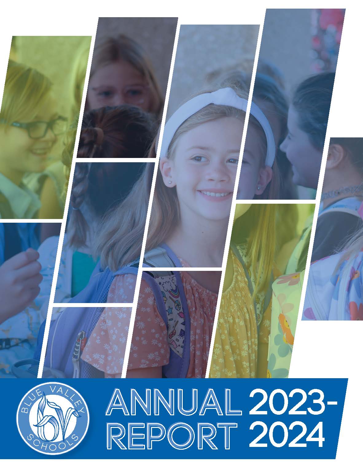 BV Schools Annual report cover of an elementary student and a high school graduate